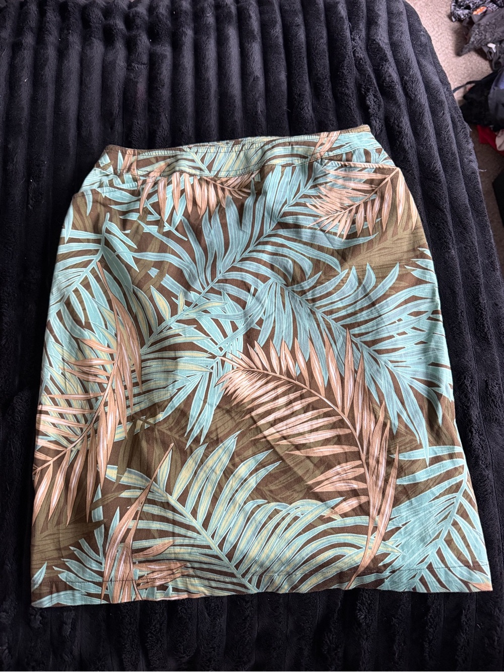 Tropical Leaf Print A-Line Skirt - Aqua & Brown